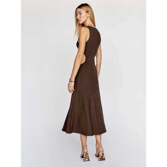 Reformation Brynlee Dress Brown V Neck Sleeveless Ribbed Knit Cut Out Waist S - Picture 9 of 10